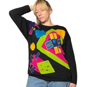90's Vintage Bright colored Geometric Print Sweater with Beading size Medium